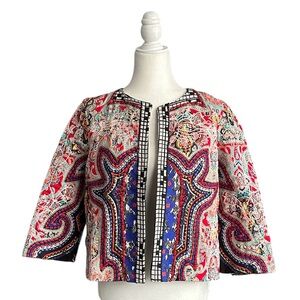 Zara quilted cropped jacket blue red colourful Pattern embroidered size M